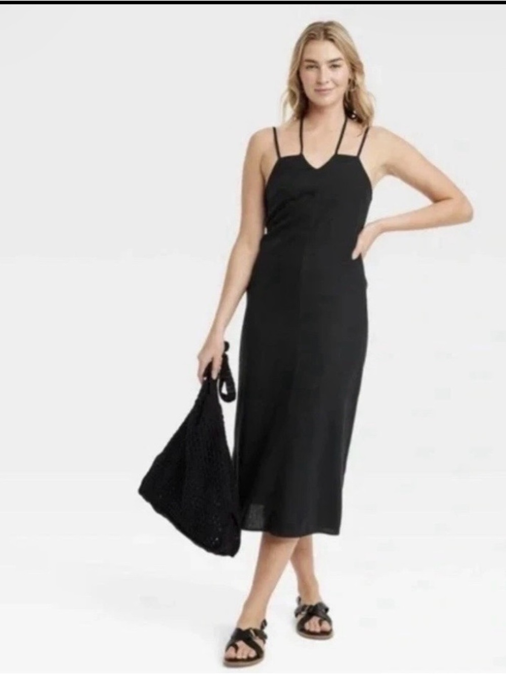 NWT Universal Thread linen blend Black Midi Slip Dress with Double Straps -Med - Picture 3 of 7